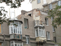 The apartment block in Vokzalna Square, Dnipro, Ukraine, is being dismantled on October 14, 2024. A Russian missile hit this location on Apr...