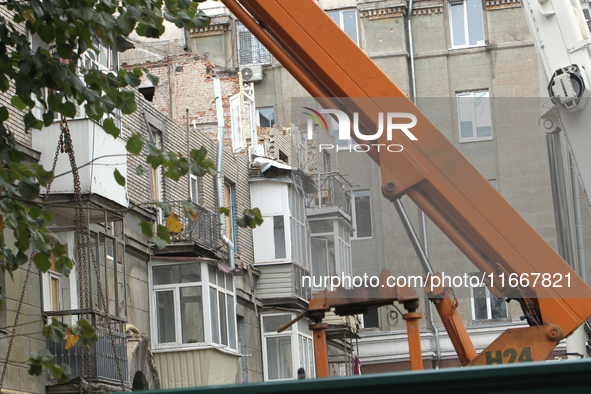 The apartment block in Vokzalna Square, Dnipro, Ukraine, is being dismantled on October 14, 2024. A Russian missile hit this location on Apr...