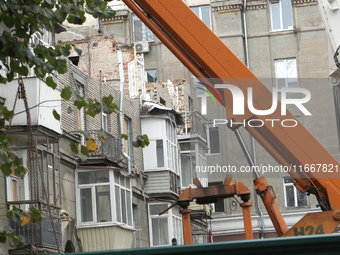 The apartment block in Vokzalna Square, Dnipro, Ukraine, is being dismantled on October 14, 2024. A Russian missile hit this location on Apr...