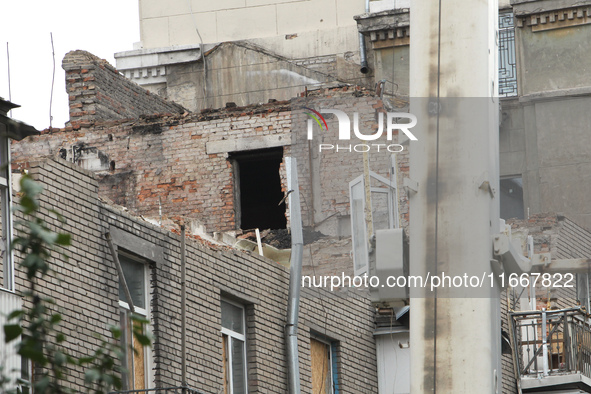 The apartment block in Vokzalna Square, Dnipro, Ukraine, is being dismantled on October 14, 2024. A Russian missile hit this location on Apr...