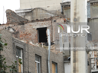 The apartment block in Vokzalna Square, Dnipro, Ukraine, is being dismantled on October 14, 2024. A Russian missile hit this location on Apr...