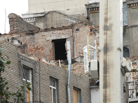 The apartment block in Vokzalna Square, Dnipro, Ukraine, is being dismantled on October 14, 2024. A Russian missile hit this location on Apr...