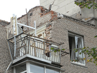 The apartment block in Vokzalna Square, Dnipro, Ukraine, is being dismantled on October 14, 2024. A Russian missile hit this location on Apr...