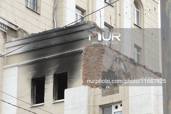 The apartment block in Vokzalna Square, Dnipro, Ukraine, is being dismantled on October 14, 2024. A Russian missile hit this location on Apr...