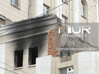 The apartment block in Vokzalna Square, Dnipro, Ukraine, is being dismantled on October 14, 2024. A Russian missile hit this location on Apr...