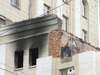 The apartment block in Vokzalna Square, Dnipro, Ukraine, is being dismantled on October 14, 2024. A Russian missile hit this location on Apr...