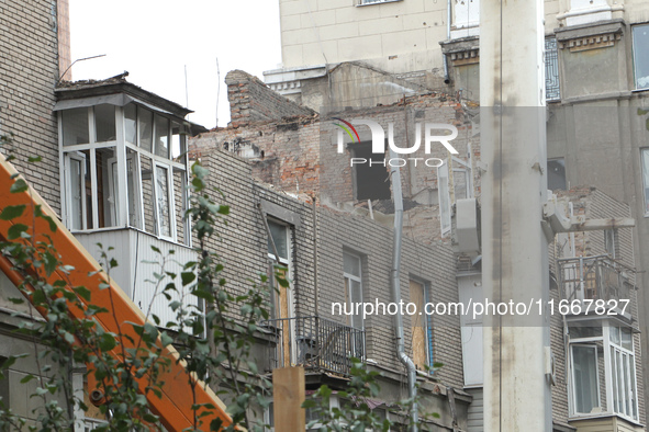 The apartment block in Vokzalna Square, Dnipro, Ukraine, is being dismantled on October 14, 2024. A Russian missile hit this location on Apr...