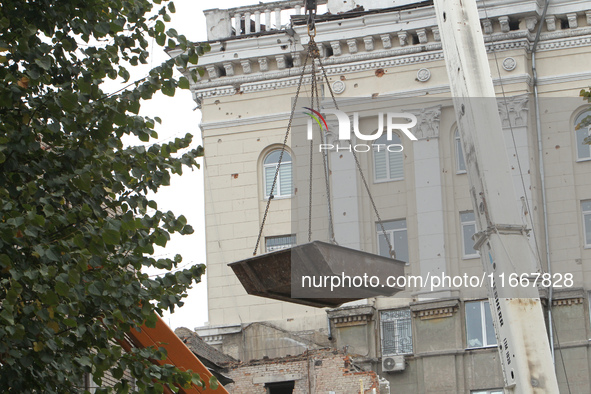 The apartment block in Vokzalna Square, Dnipro, Ukraine, is being dismantled on October 14, 2024. A Russian missile hit this location on Apr...