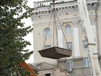 The apartment block in Vokzalna Square, Dnipro, Ukraine, is being dismantled on October 14, 2024. A Russian missile hit this location on Apr...