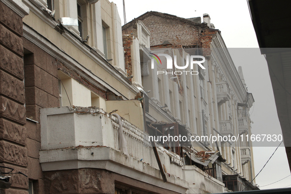 The apartment block in Vokzalna Square, Dnipro, Ukraine, is being dismantled on October 14, 2024. A Russian missile hit this location on Apr...