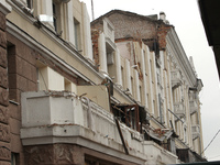 The apartment block in Vokzalna Square, Dnipro, Ukraine, is being dismantled on October 14, 2024. A Russian missile hit this location on Apr...