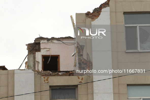 The apartment block in Vokzalna Square, Dnipro, Ukraine, is being dismantled on October 14, 2024. A Russian missile hit this location on Apr...