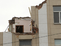 The apartment block in Vokzalna Square, Dnipro, Ukraine, is being dismantled on October 14, 2024. A Russian missile hit this location on Apr...