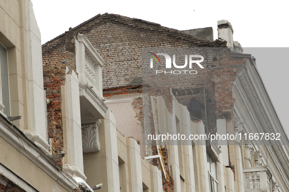 The apartment block in Vokzalna Square, Dnipro, Ukraine, is being dismantled on October 14, 2024. A Russian missile hit this location on Apr...