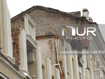 The apartment block in Vokzalna Square, Dnipro, Ukraine, is being dismantled on October 14, 2024. A Russian missile hit this location on Apr...