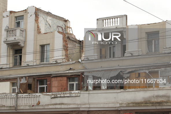 The apartment block in Vokzalna Square, Dnipro, Ukraine, is being dismantled on October 14, 2024. A Russian missile hit this location on Apr...