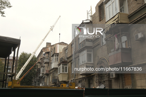 The apartment block in Vokzalna Square, Dnipro, Ukraine, is being dismantled on October 14, 2024. A Russian missile hit this location on Apr...