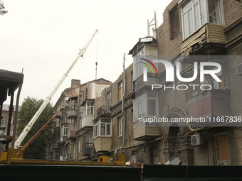 The apartment block in Vokzalna Square, Dnipro, Ukraine, is being dismantled on October 14, 2024. A Russian missile hit this location on Apr...