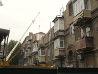 The apartment block in Vokzalna Square, Dnipro, Ukraine, is being dismantled on October 14, 2024. A Russian missile hit this location on Apr...