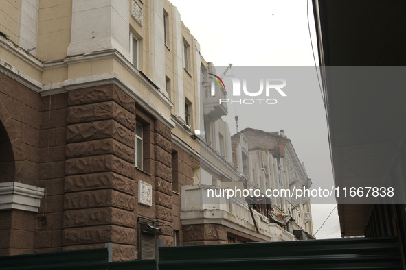 The apartment block in Vokzalna Square, Dnipro, Ukraine, is being dismantled on October 14, 2024. A Russian missile hit this location on Apr...