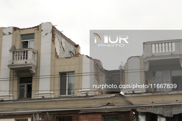 The apartment block in Vokzalna Square, Dnipro, Ukraine, is being dismantled on October 14, 2024. A Russian missile hit this location on Apr...