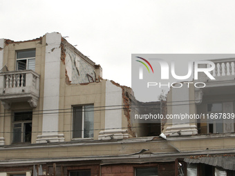 The apartment block in Vokzalna Square, Dnipro, Ukraine, is being dismantled on October 14, 2024. A Russian missile hit this location on Apr...