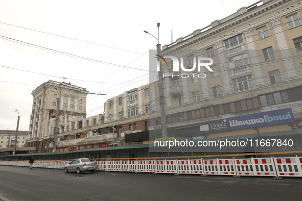 The apartment block in Vokzalna Square, Dnipro, Ukraine, is being dismantled on October 14, 2024. A Russian missile hit this location on Apr...