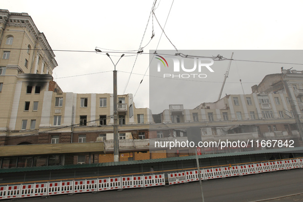 The apartment block in Vokzalna Square, Dnipro, Ukraine, is being dismantled on October 14, 2024. A Russian missile hit this location on Apr...