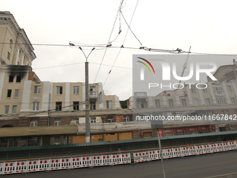 The apartment block in Vokzalna Square, Dnipro, Ukraine, is being dismantled on October 14, 2024. A Russian missile hit this location on Apr...