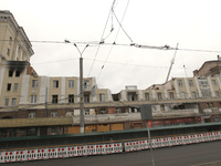 The apartment block in Vokzalna Square, Dnipro, Ukraine, is being dismantled on October 14, 2024. A Russian missile hit this location on Apr...