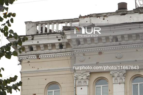 The apartment block in Vokzalna Square, Dnipro, Ukraine, is being dismantled on October 14, 2024. A Russian missile hit this location on Apr...