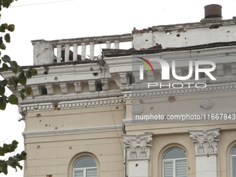 The apartment block in Vokzalna Square, Dnipro, Ukraine, is being dismantled on October 14, 2024. A Russian missile hit this location on Apr...