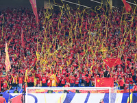 Fans cheer for China during their football match against Indonesia in the fourth round of the World Cup Qualifiers in Qingdao, China, on Oct...