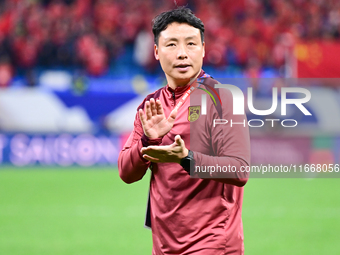 Chinese players greet during the Chinese football team's match against Indonesia in the 4th round of the World Qualifiers Asian Zone in Qing...