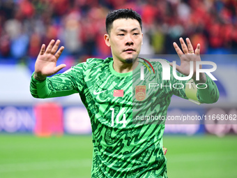 Chinese players greet during the Chinese football team's match against Indonesia in the 4th round of the World Qualifiers Asian Zone in Qing...