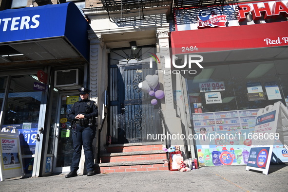 NYPD is present at the crime scene following a mother who is charged in the death of 4-year-old boy Jahmeik Modlin in Harlem, Manhattan, New...