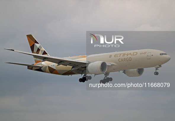 A Boeing 777-FFX of Etihad Cargo lands at Barcelona El Prat airport in Barcelona, Spain, on October 15, 2024. 