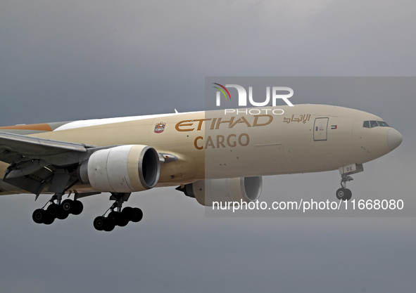 A Boeing 777-FFX of Etihad Cargo lands at Barcelona El Prat airport in Barcelona, Spain, on October 15, 2024. 