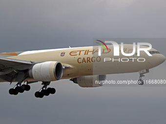 A Boeing 777-FFX of Etihad Cargo lands at Barcelona El Prat airport in Barcelona, Spain, on October 15, 2024. (