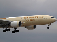 A Boeing 777-FFX of Etihad Cargo lands at Barcelona El Prat airport in Barcelona, Spain, on October 15, 2024. (