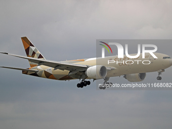 A Boeing 777-FFX of Etihad Cargo lands at Barcelona El Prat airport in Barcelona, Spain, on October 15, 2024. (