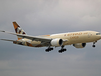 A Boeing 777-FFX of Etihad Cargo lands at Barcelona El Prat airport in Barcelona, Spain, on October 15, 2024. (