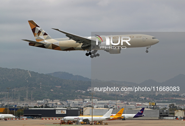 A Boeing 777-FFX of Etihad Cargo lands at Barcelona El Prat airport in Barcelona, Spain, on October 15, 2024. 