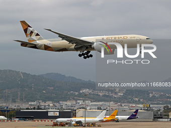 A Boeing 777-FFX of Etihad Cargo lands at Barcelona El Prat airport in Barcelona, Spain, on October 15, 2024. (