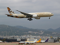 A Boeing 777-FFX of Etihad Cargo lands at Barcelona El Prat airport in Barcelona, Spain, on October 15, 2024. (