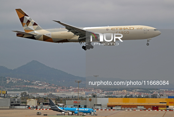 A Boeing 777-FFX of Etihad Cargo lands at Barcelona El Prat airport in Barcelona, Spain, on October 15, 2024. 