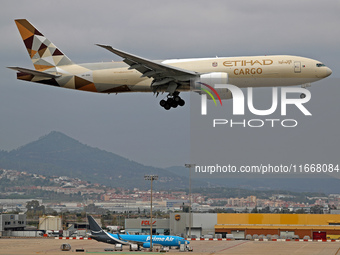 A Boeing 777-FFX of Etihad Cargo lands at Barcelona El Prat airport in Barcelona, Spain, on October 15, 2024. (