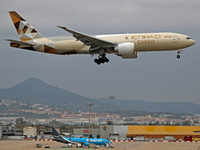 A Boeing 777-FFX of Etihad Cargo lands at Barcelona El Prat airport in Barcelona, Spain, on October 15, 2024. (