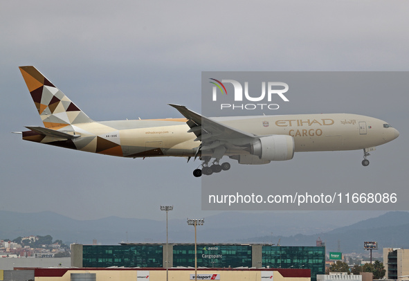 A Boeing 777-FFX of Etihad Cargo lands at Barcelona El Prat airport in Barcelona, Spain, on October 15, 2024. 