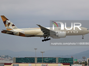 A Boeing 777-FFX of Etihad Cargo lands at Barcelona El Prat airport in Barcelona, Spain, on October 15, 2024. (